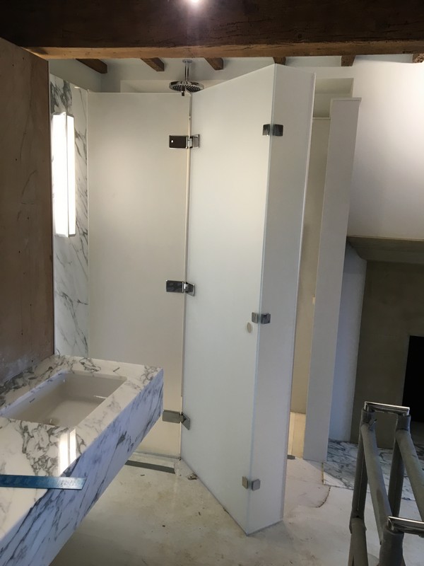 Bespoke frosted glass shower enclosure in Westcombe Park luxury bathroom